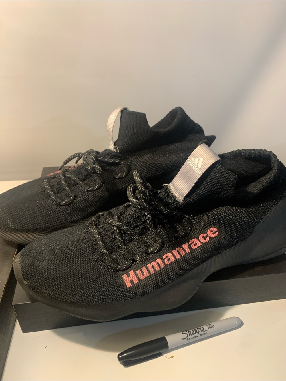 adidas Black Knit Sneakers with Pink Humanrace Branding